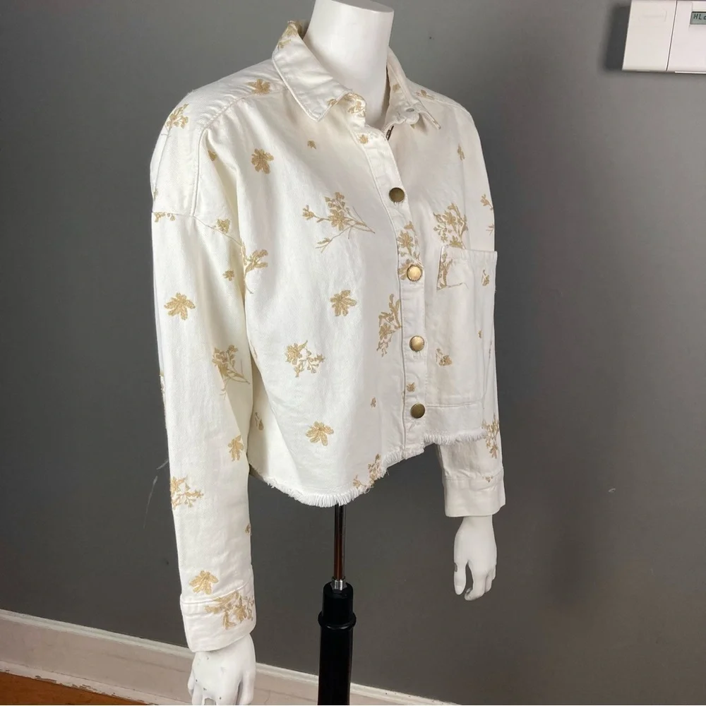 NEW Zara denim‎ jacket jean shirt white metallic floral embroidery extra small